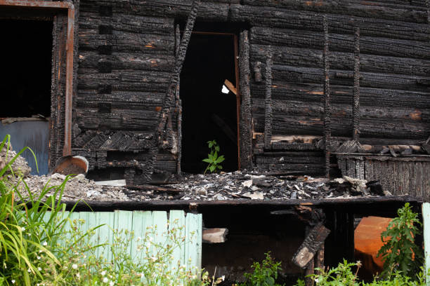 istock Burned wooden house, devastated construction and green grass 1474310682