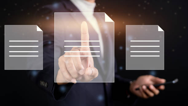 istock Business man touching virtual screen with folder icon. 1474312050