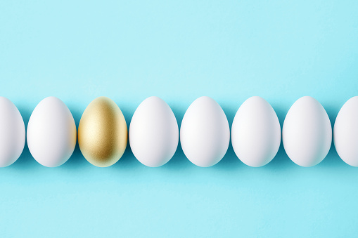 Gold and white eggs on blue background. Horizontal composition with copy space. Standing out from the crowd concept.