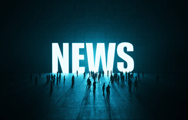 Human crowd waiting before glowing news word on concrete wall. Horizontal composition with copy space.