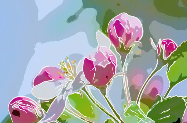 pink and white apple blossoms and yellow spring flowers in long green grass