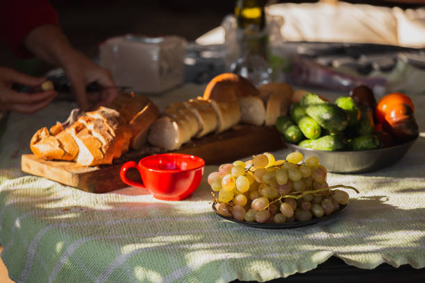 Snack on the table outside in the garden - outdoor lunch in the backyard