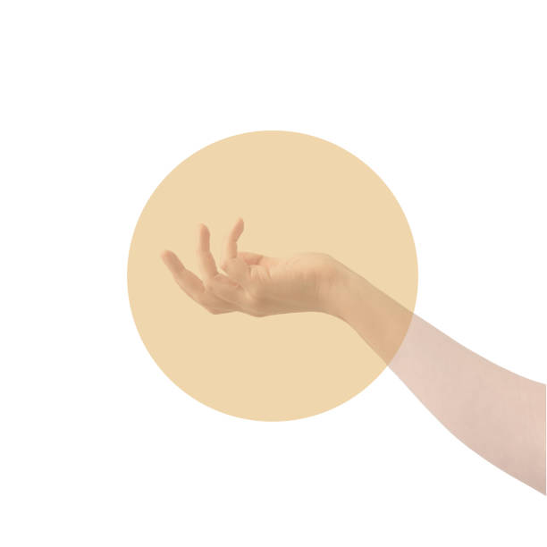 istock Open hand ready to receive someone or something on sun or nude orange circle on white background. Minimal arm concept. Hand gesture. Copy space. 1474319502