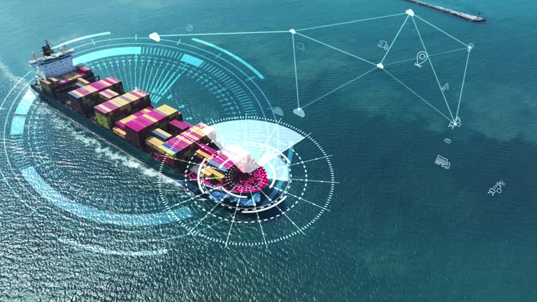 Technology Cargo Container Ship Futuristic Global . Container Ship with Logistics icons and line plexus. International technology concept, World map logistic and supply chain network distribution