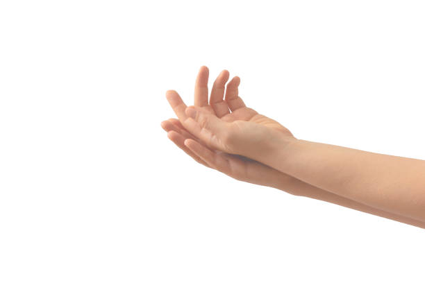 istock Hand that caresses the other hand. Minimal arm gesture concept on white background. 1474319738