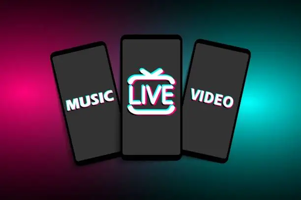 Vector illustration of Smartphones with icons of the popular social media TikTok on a modern background. LIVE, VIDEO, MUSIC.