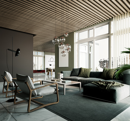 Modern luxury apartment. Interior design of contemporary living room. Home. 3D Rendering, 3D Illustration
