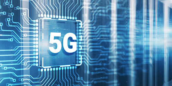 Digital 5G and Internet Telecommunication concept on 3d electronic circuit board chip.