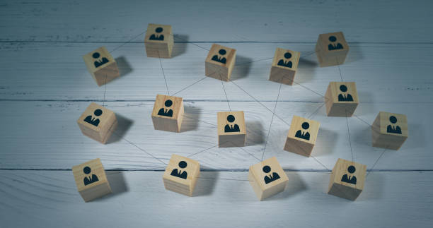 istock Business connection network. Modern wireless technologies as means of communication and networking, Teamwork, network and community concept. Man icon on wood block connect togetherness as social web. 1474324268