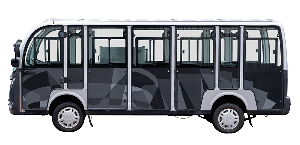 A Modern Electric Vehicle For Use As A Courtesy Bus Or Shuttle At An Airport Or Campus, Or Public Transport, Isolated On A White Background