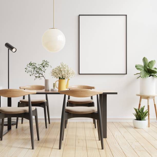 istock Mock up poster frame in dining room interior with white wall background. 1474326046