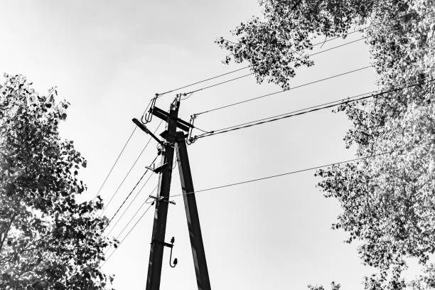 Power electric pole with line wire on light background close up, photography consisting of power electric pole with line wire under sky, line wire in power electric pole for residential buildings