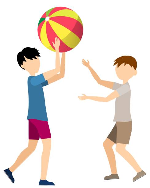 ilustrações de stock, clip art, desenhos animados e ícones de two boys are playing with an inflatable ball. vector illustration in a flat style - beach ball ball bouncing white background