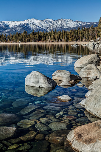Lake Tahoe stones and forest view