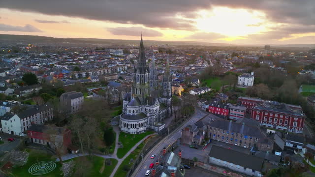 Aerial view of Saint Fin Barre's Cathedral, Cork city, Aerial view of Cork cityscape, aerial european church