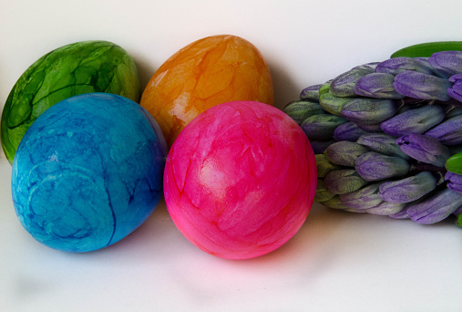 Four colourful Easter eggs with purple hyacinths