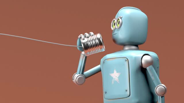 Retro  robots talking on tin can phones. 3d render