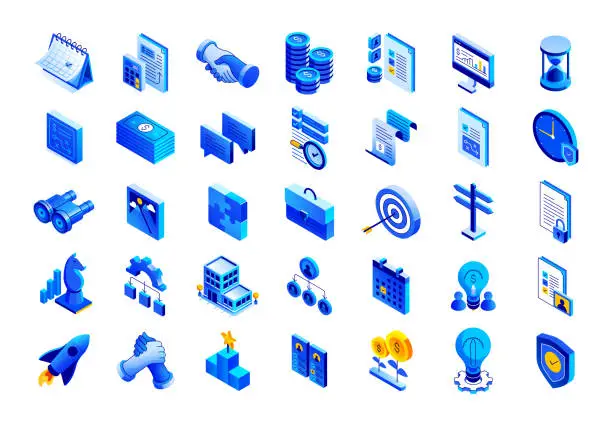 Vector illustration of Vector Illustration of Business Planning Isometric Icon Set and Three Dimensional Design.Corporate Business, Strategy, Planning, Workflow.