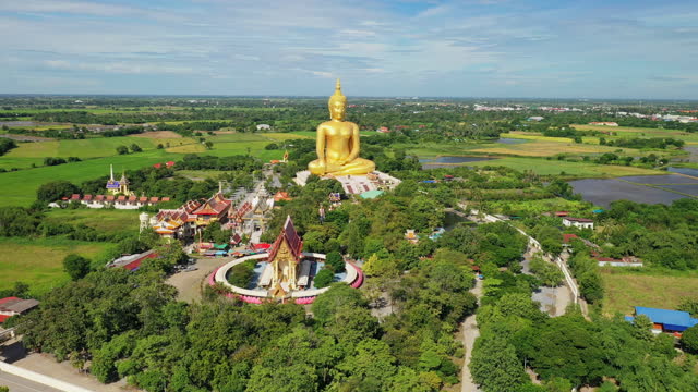 Aerial Panoramic view Gold big Buddha Wat Muang Ang Thong