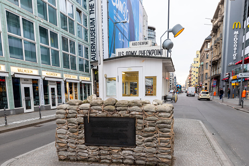 Berlin, Germany 03-16-2023 Checkpoint Charlie was the best-known Berlin Wall crossing point between East Berlin and West Berlin during the Cold War, as named by the Western Allies.