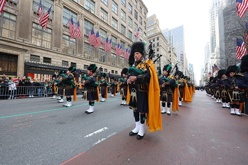 The Police Department Emerald Society Pipes & Drums performs during the St. Patrick's Day Parade; March 17, 2023 in New York. (Photo: Gordon Donovan)