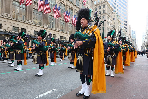 The Police Department Emerald Society Pipes & Drums performs during the St. Patrick's Day Parade; March 17, 2023 in New York. (Photo: Gordon Donovan)