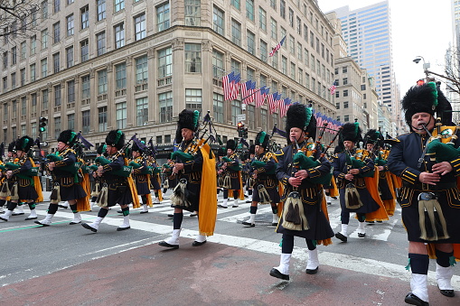 The NYPD Emerald Society Pipes & Drums march during the St. Patrick's Day Parade, March 17, 2023, in New York. (Photo: Gordon Donovan)