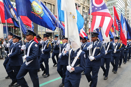 New York, New York - March 17, 2023: Randolph Macron Academy Band march in the St. Patrick's Day Parade on March 17, 2023, in New York. (Photo: Gordon Donovan)