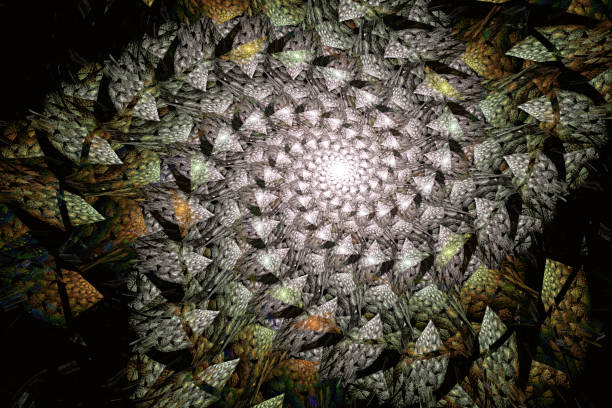 Gray swirling pattern of curved shapes on a black background. Abstract fractal 3D rendering