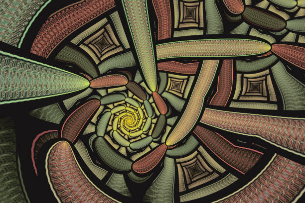 Brown green pattern of thick ribbons on a black background. Abstract fractal 3D rendering