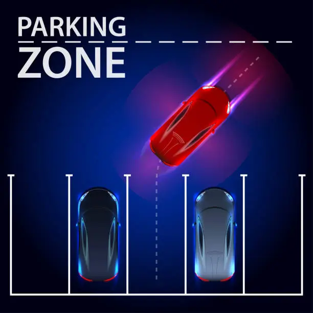 Vector illustration of Smart car is automatically parked in the Parking lot, the view from the top. Parking Assist system security scans the road. Car Neon Logo Abstract Lines Template. Vector illustration