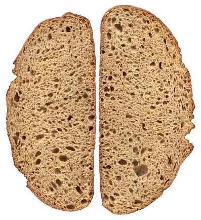High resolution image of two integral rustic wholegrain brown bread slices, isolated on white background.
