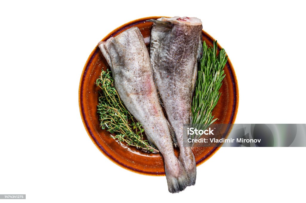 Cod Fish Uncooked Uncooked Raw Cod Or Codfish Fish In Rustic Plate With Herbs And Fork ...