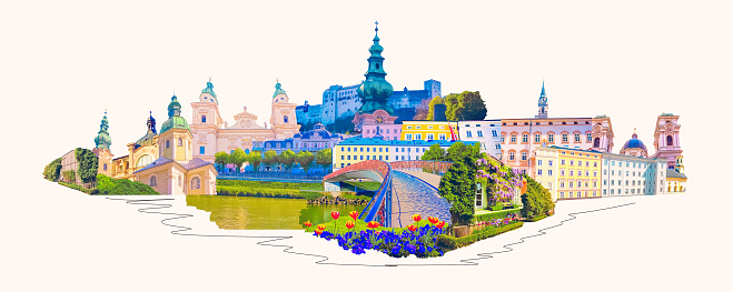 The collage of view of Salzburg skyline with river Salzach, Salzburger Land, Austria. art collage or design
