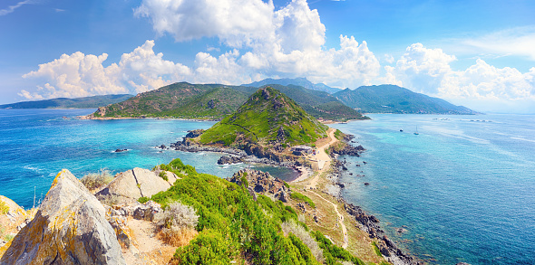 The Pointe de la Parata is rocky promontory, to the north of the Iles Sanguinaires, Ajaccio bay, Corsica, France