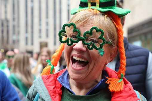 New York, New York - March 17, 2023: People are fashionably dressed in clothing for the St. Patrick's Day Parade; March 17, 2023 in New York. (Photo: Gordon Donovan)