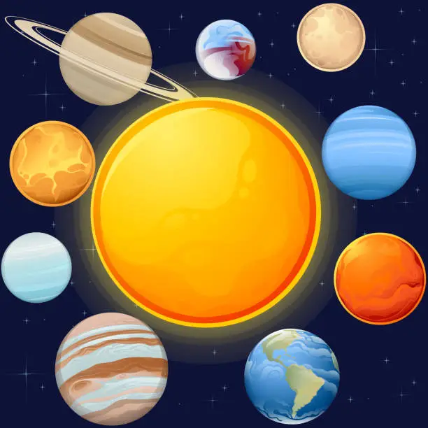 Vector illustration of Solar system with sun and planets space objects vector illustration on dark deep sky with stars background