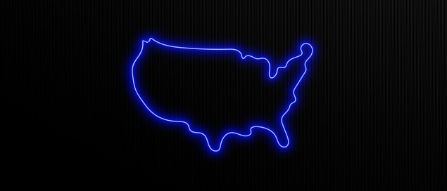 USA map outlined by blue neon light on black background