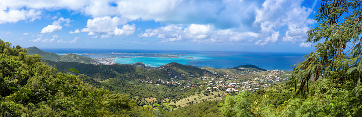 Caribbean cruise vacation, panoramic skyline of Saint Martin island from Pic Paradis lookout.