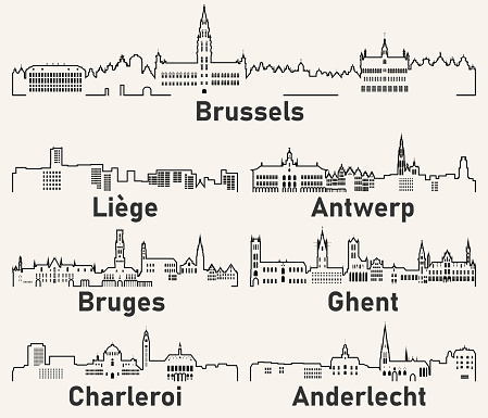 Belgium cities outline skylines vector set