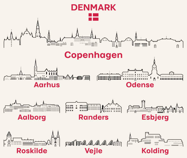 города дании очерчивают горизонты векторный набор - esbjerg stock illustrations