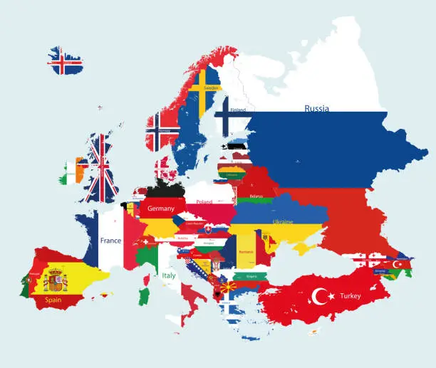 Vector illustration of Europe map with countries flags incorporated inside countries contours. Flat style vector illustration. All elements separated in detachable and editable layers