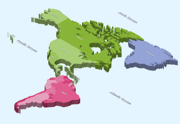 북미 및 남미 3d(아이소메트릭) 지도 연한 파란색 배경 - map latin america the americas south stock illustrations