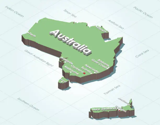 Vector illustration of Australia and New Zealand 3d (isometric) map with biggest cities on it