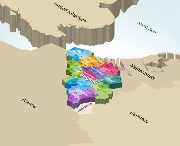 Vector illustration of Belgium 3d (isometric) vector map colored by provinces with neighbouring countries