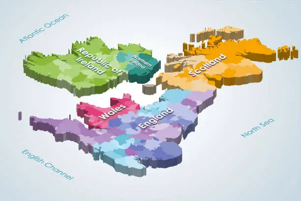Vector illustration of British Isles 3d (isometric) map colored by countries and subdivisions