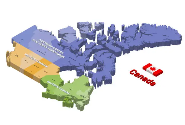 Vector illustration of Canada states 3d (isometric) colored isolated vector map. Flag of Canada