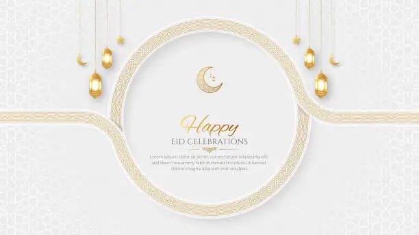 Vector illustration of Eid Mubarak Islamic ornamental background with Arabic style border frame and lanterns