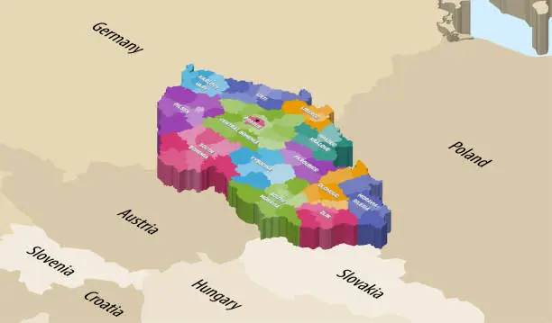 Vector illustration of Czech Republic districts colored by regions isometric map with neighbouring countries