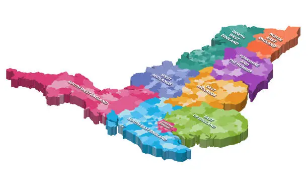 Vector illustration of England counties isometric map colored by regions